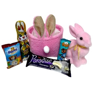 Cos de Paste pentru copii Bunny Joy cu iepuras decorativ roz si selectie dulciuri