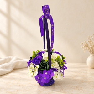 Cosulet cu flori de sapun Floral Collection, trandafiri si hortensii, 33 cm, Mov/Crem - Img 5