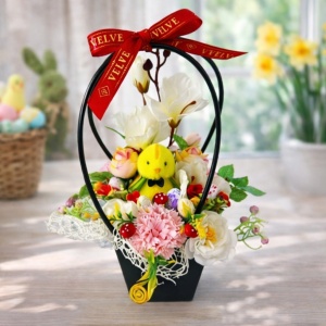 Cosulet decorativ de Paste cu pui decorativ si flori artificiale, 33 cm