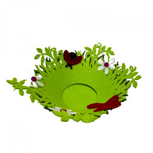 Cosulet decorativ verde in doua nuante, din pasla, cu buburuze, flori si ciuperca