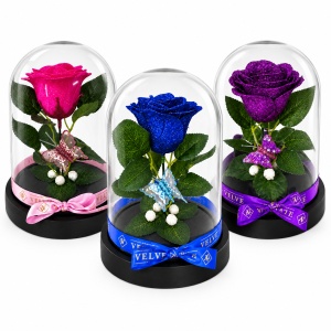 Cupola de sticla cu trandafir decorativ cu sclipici si fluture, 20 cm
