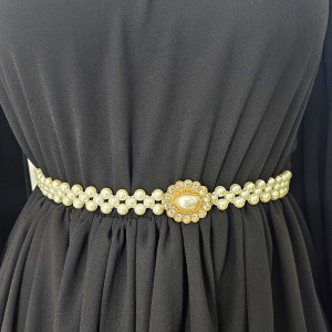 Curea elastica Pearly, catarama metalica decorativa si perle, Gold Daisy 2