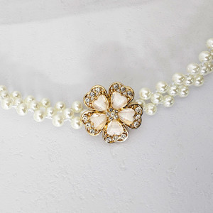 Curea elastica Pearly, catarama metalica decorativa si perle, Gold Flower 3