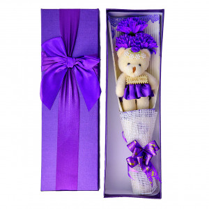 Cutie Dulcea Afirmare, cu cadou in interior, buchet cu ursulet si flori criogenate, mov