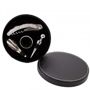Cutie rotunda eleganta cu 4 accesorii pentru desfacerea sticlei cu vin, din piele ecologica