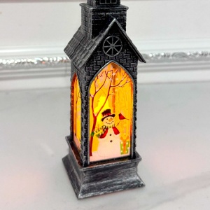Decoratiune Capela luminoasa Church and Night cu lumina LED si Om de Zapada pictat, Negru, 21X5X5 cm