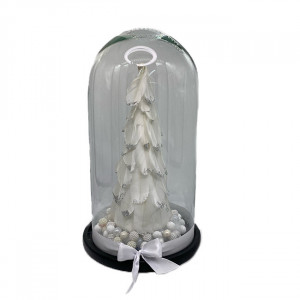  Decoratiune de Craciun, Bradut decorat cu pene albe cu argintiu in cupola de sticla Ø 18 cm x 32 h, alb2