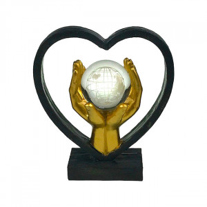 Decoratiune din rasina Together on Earth, cu arcada in forma de inima si glob de sticla 18cm, Negru/Auriu