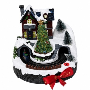Decoratiune luminoasa de Craciun cu trenulet in miscare, casuta si brad, cu alimentare dubla, 16 cm - Img 3
