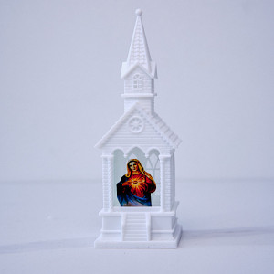 Decoratiune luminoasa in forma de capela cu ilustratie religioasa, Alb, cu LED, 17cm