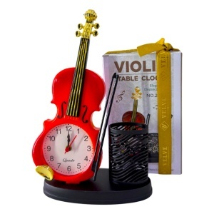 Decoratiune pentru birou, Ceas Analog, aspect Vioara si Suport Pix, Portocaliu, 14x22 cm
