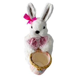 Decoratiune pentru Paste, iepuras alb, aspect realist, cu cosulet roz, 21 cm, Alb