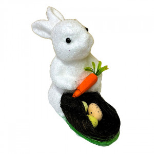 Decoratiune pentru Paste, iepuras alb, cosulet cu oua si morcov,  17cm x 15cm