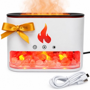 Difuzor de aromaterapie cu efect de flacara, cristale de sare si iluminare LED in 4 culori, Alb