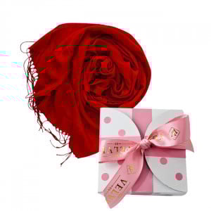 Esarfa lunga Ember, tip fular, cu franjuri simetrici si ambalata in cutie eleganta, Rosu, 180x65 cm