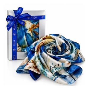 Esarfa premium dama cu imprimeu floral abstract, 70 x 70 cm, Albastru