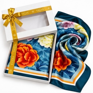 Esarfa premium dama cu imprimeu floral maxi, 70 x 70 cm, Albastru petrol - Img 3