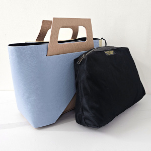 Geanta dama din piele naturala texturata Chest, cu borseta detasabila, Crem/Blue 2