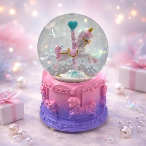 Glob muzical din sticla cu unicorn, suport din rasina si iluminare decorativa, Roz - Img 2