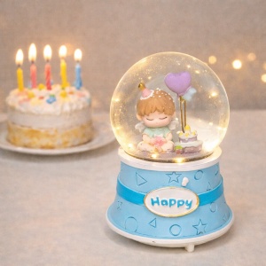 Glob muzical si luminos cu ingeras si tort, decor pastel albastru, in cutie eleganta - Img 2