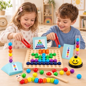 Joc educativ 3 in 1 din lemn, cu bile colorate, carduri, pensete, clopotel si omida articulata, 3+ ani - Img 2