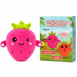 Jucarie de plus interactiva si muzicala Capsuna, cu senzor tactil, roz neon, 18 cm, 3 ani+ - Img 2