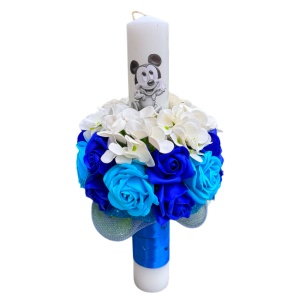 Lumanare de botez cu Mickey Mouse, hortensii si trandafiri din sapun, baiat, Albastru