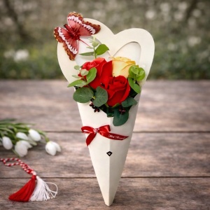 Martisor vestirea primaverii cu 3 trandafiri din sapun si eucalipt, bordo-orange