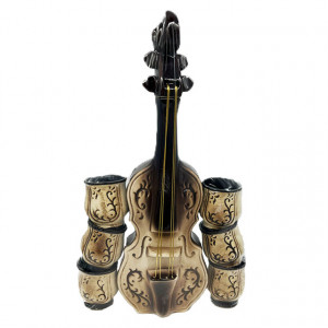 Set, suport din lemn in forma de vioara cu imprimeu pentru bautura traditionala cu 6 pahare