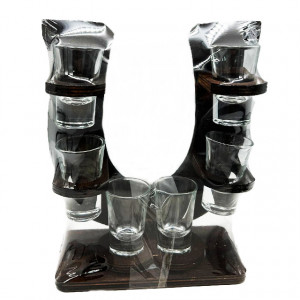 Set, suport din lemn in forma de U pentru bautura traditionala cu 6 pahare