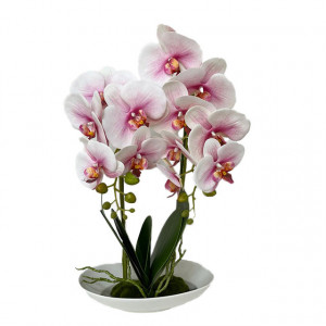 Orhideea aritificiala cu aspect natural in ghiveci ceramic, stil barcuta, roz- alb
