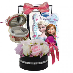 Pachet cadou pentru copii Childes, aranjament floral in cutie neagra cu strasuri, trandafir si hortensii, cutiuta pentru bijuterii, Set Disney Frozen, Eau de Toilette 9,5 ml, Tatoo si Semn de carte
