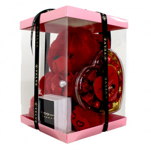 Pachet cadou pentru indragostiti, Sparkle, ursulet de plus cu sunet/mesaj de iubire, 25 cm, set doua bratari inox si praline Cherry Queen Rochen, ambalate in cutie cadou2