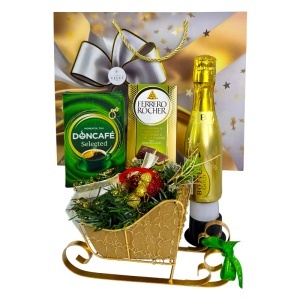Pachet Christmas Delight, cafea Doncafe Selected, ciocolata Ferrero Rocher, Bottega Gold 200 ml si Sanie Decorativă 15x10 cm, in punga cadou