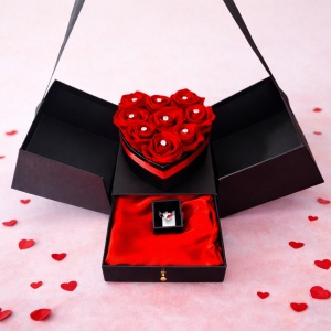 Pachet de Lux pentru femei Special Valentine, in cutie exclusivista cu sertar, Trandafiri Criogenati, esarfa cu matase 180x90 cm si Set bijuterii argint