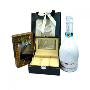 Pachet GiftDay pentru barbati, o sticla de JP Chenet Ice Edition 750ml, cutie pentru ceasuri si set de 4 parfumuri Cuba Original, in punga cadou