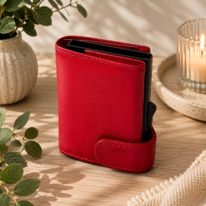 Portcard unisex Hassion din piele naturala, 9x7x2cm, Rosu