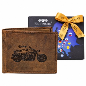 Portofel barbati Beltimore, din piele naturala, cu protectie RFID si model motocicleta, in cutie cadou, Maro
