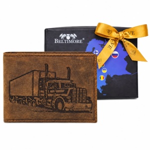 Portofel barbati Beltimore, din piele naturala, cu protectie RFID si model camion, in cutie cadou, Maro