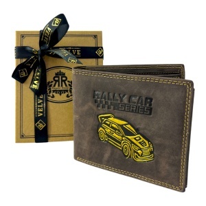 Portofel barbati Regalo Reale, din piele naturala, model Rally Car, Maro, 10x12 cm