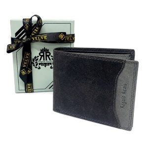 Portofel premium pentru barbati Regalo Reale, din piele naturala, design bifold, Gri, 12x10 cm