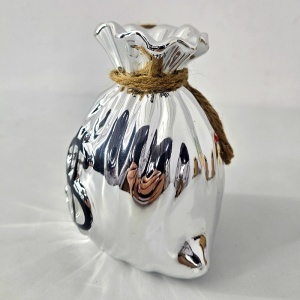 Pusculita din ceramica in forma de saculet, cu sfoara decorativa, 12x13 cm, Argintiu - Img 7