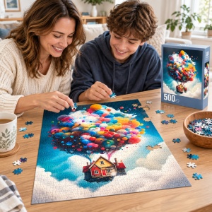Puzzle Casa zburatoare cu baloane, 500 piese, ilustratie fantastica, multicolor - Img 3