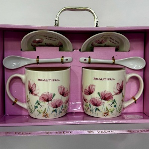 Set 2 cani ceramice Beautiful Season cu lingurite si farfurii - Img 2