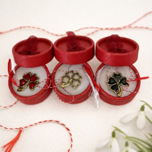 Set 3 martisoare tip brosa trifoi, Lucky, in cutii individuale cu fundita, Rosu