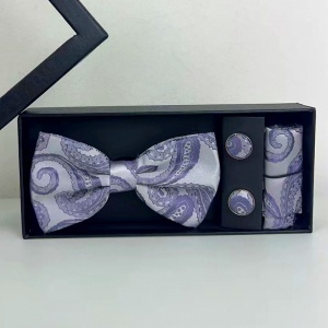 Set 3 piese Elegant pentru barbati, cu papion, butoni si batista din stofa, Gri-Lila - Img 3