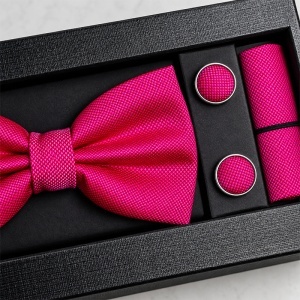 Set 3 piese Elegant pentru barbati, papion, batista si butoni, Fucsia - Img 3