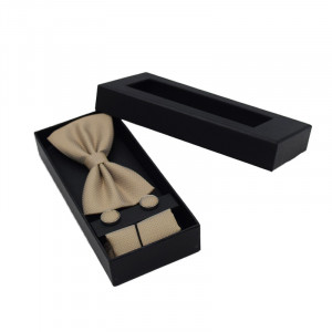 Set 3 piese Elegant, pentru barbati, papion, buton si batista din stofa, Crem