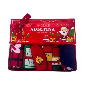 Set 5 perechi șosete bumbac, pentru copii, cu tematică de Crăciun, in cutie tematica, Rosu