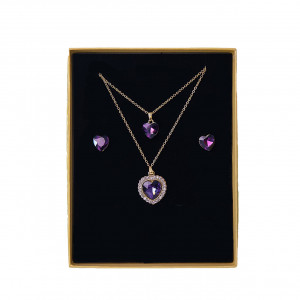 Set accesorii Danser a Deux, din inox, cu cercei, sirag cu doua lanturi si pandativ cu pietre, in cutie eleganta, Gold Heart Mov - Img 5